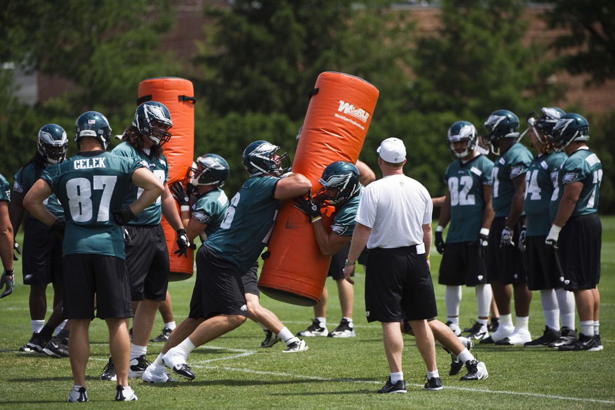 Jun 14, 2012; Philadelphia, PA, USA; Philadelphia Eagles offensive linemen and tight ends run drills with a blocking dummy during mini camp at the Philadelphia Eagles NovaCare Complex. Mandatory Credit: Howard Smith-US PRESSWIRE