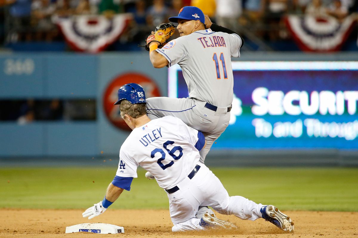 Dodgers' Chase Utley slides hard into Mets' SS Ruben Tejada during Game 2 of the 2015 NLDS.