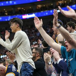 Utah Jazz fans cheer during the game against the Golden State Warriors at Vivint Arena in Salt Lake City on Tuesday, April 10, 2018.