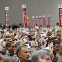 Delegates attend the Utah State Republican Convention at the Salt Palace in Salt Lake City on Saturday, April 23, 2016.