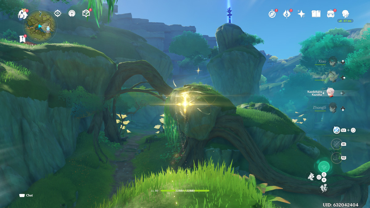 An image of a golden glowing orb flying through the air in Sumeru’s jungle. The orb is the transformed protagonist, who now flies towards the four-leaf sigil icon in the air.
