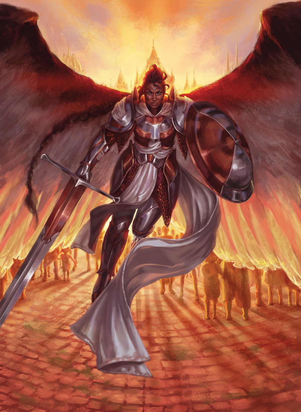 A Black angel, a massive sword in her right hand. Her wings are spread before a golden city.