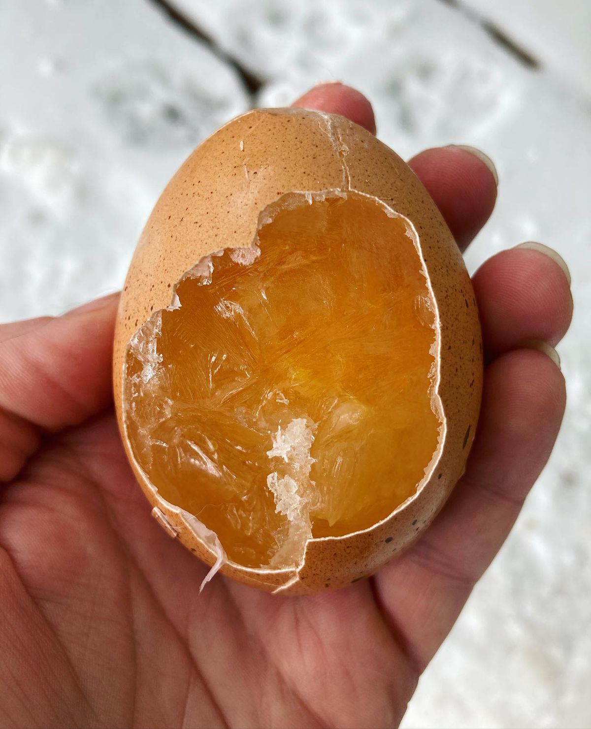 An egg with the shell half removed revealing that it’s frozen inside