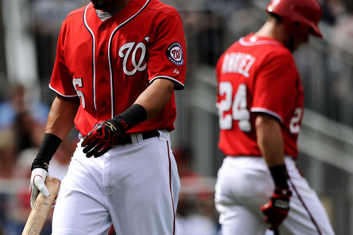 WASHINGTON, DC - SEPTEMBER 24: Ian Desmond #6 of the Washington Nationals reacts after striking out in the first inning against the Atlanta Braves at Nationals Park on September 24, 2011 in Washington, DC. (Photo by Patrick Smith/Getty Images)