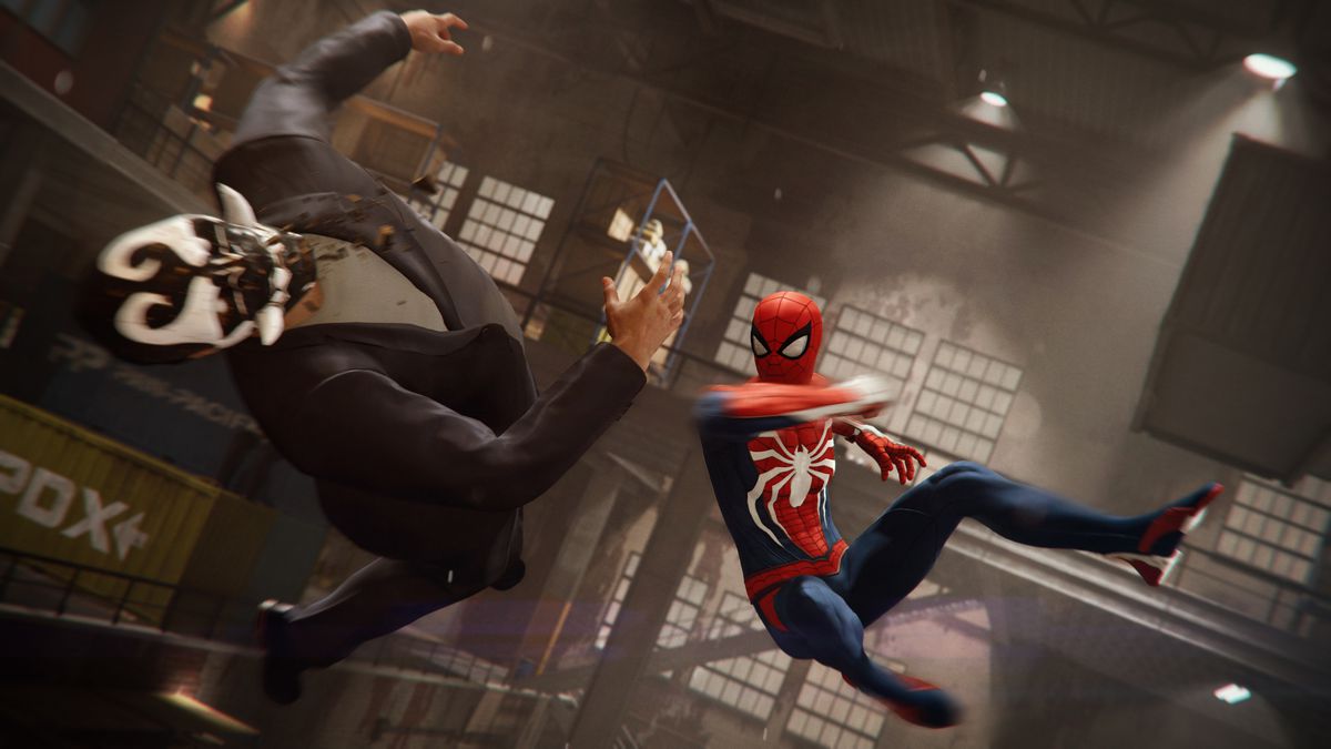Spider-Man - Spidey punches a man in a demon mask in midair