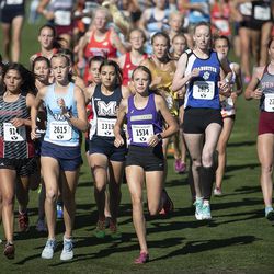 The girls varsity 5K run during the BYU Autumn Classic Cross Country Invitational at the East Bay Golf Course Saturday, Sept. 14, 2019 in Provo. Woods Cross High School’s Carlee Hansen was first, followed by Westlake High’s Emma Heslop in second, and Hurricane High’s Caila Odekirk, who took third.