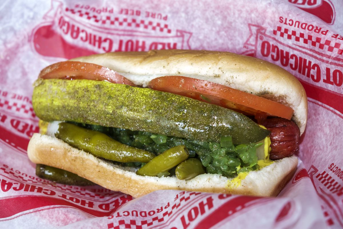 Close-up of hot dog in Chicago’s Dog House restaurant.