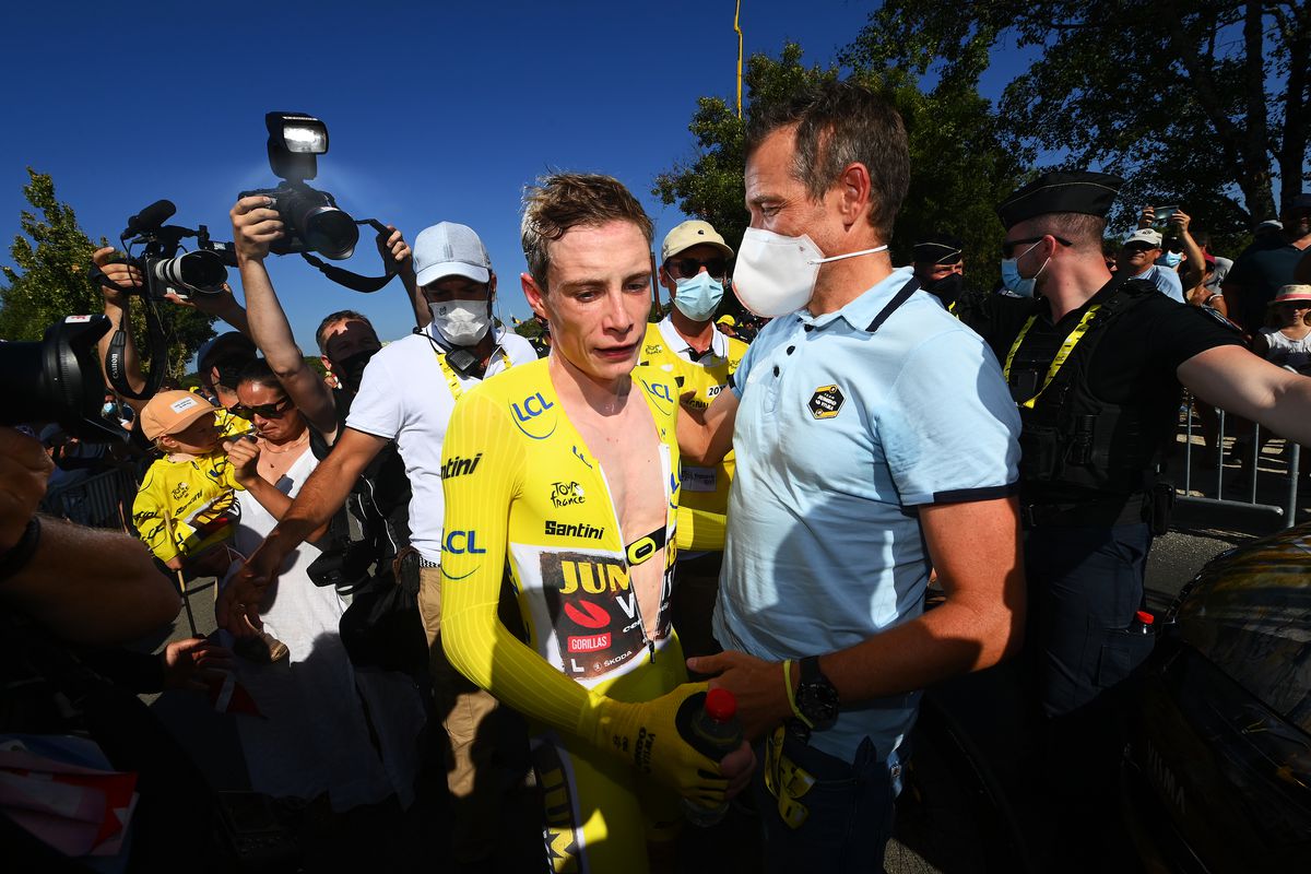 Jonas Vingegaard Rasmussen of Denmark and Team Jumbo - Visma - Yellow Leader Jersey celebrates with his Sports director Grischa Niermann of Germany as overall race winner after the 109th Tour de France 2022, Stage 20 a 40,7km individual time trial from Lacapelle-Marival to Rocamadour / #TDF2022 / #WorldTour / on July 23, 2022 in Rocamadour, France.