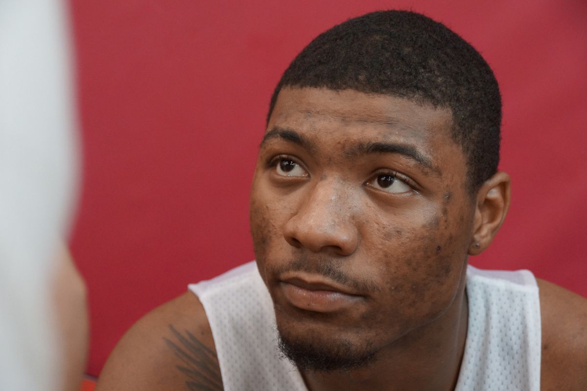 Marcus Smart speaks with the media after Day Three of the Team USA Basketball's Mini-Camp in Las Vegas, Nevada, on July 30th, 2014.