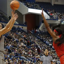 The UConn Huskies take on the Maryland Terrapins in a women's college basketball game at the XL Center in Hartford, CT on November 19, 2017.