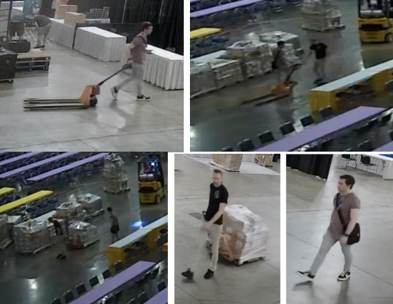 Grainy photos showing two men pulling a pallet full of boxes