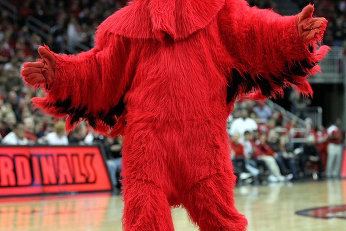LOUISVILLE KY - FEBRUARY 12:  The  Louisville Cardinals mascot performs during the Big East Conference game against the Syracuse Orange at the KFC Yum! Center on February 12 2011 in Louisville Kentucky.  (Photo by Andy Lyons/Getty Images)