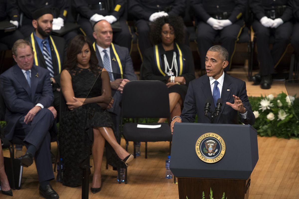 President Barack Obama speaks at the memorial service for the Dallas shooting victims.