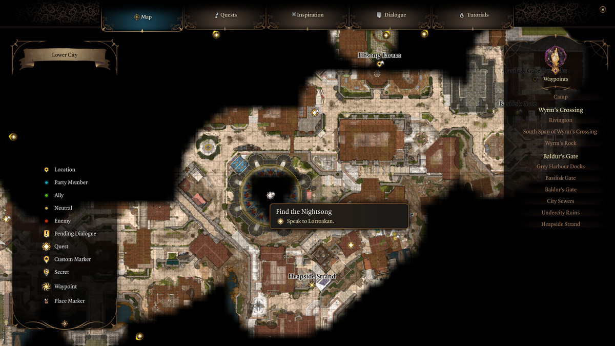 A map of the Lower City in Baldur’s Gate 3