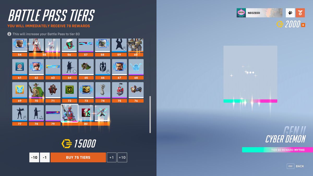 An Overwatch 2 menu screen showing the process for purchasing battle pass tiers.  A grid of unlockable cosmetic items on the left has a price of 15,000 coins below.