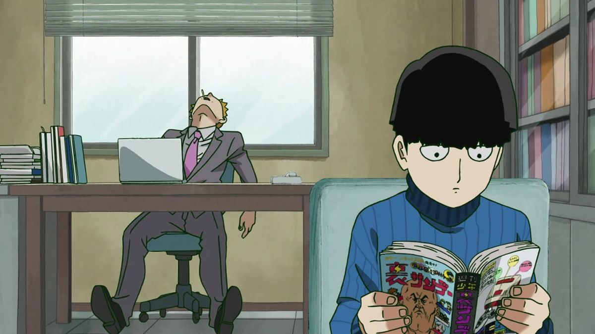 Mob sitting in a chair in the foreground reading with Reigen at a desk behind him relaxed and looking up at the ceiling