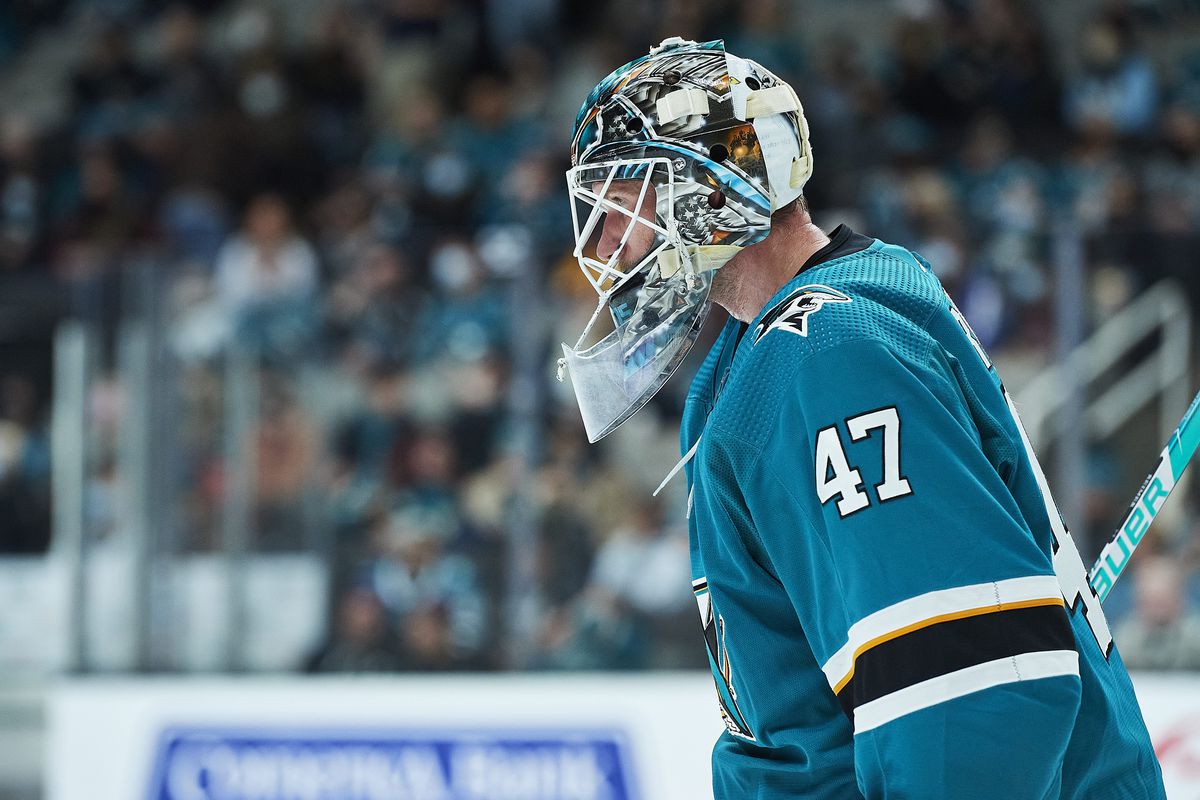 San Jose Sharks goaltender James Reimer (47) skates during a time out during the NHL game between the San Jose Sharks and the Dallas Stars on December 11, 2021 at SAP Center in San Jose, CA.