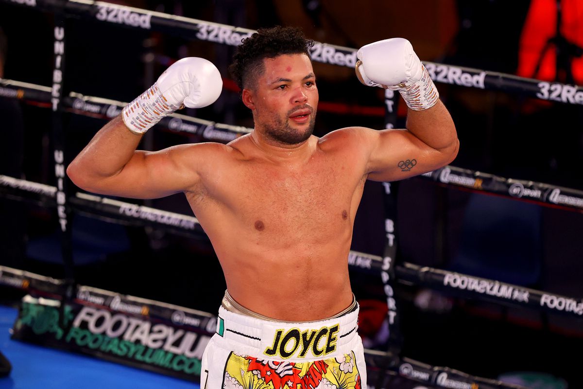 Joe Joyce celebrates victory over Daniel Dubois (not pictured) after the WBC Silver heavyweight title, British, Commonwealth and European Heavyweight title fight between Daniel Dubois and Joe Joyce at The Church House on November 28, 2020 in London, England.