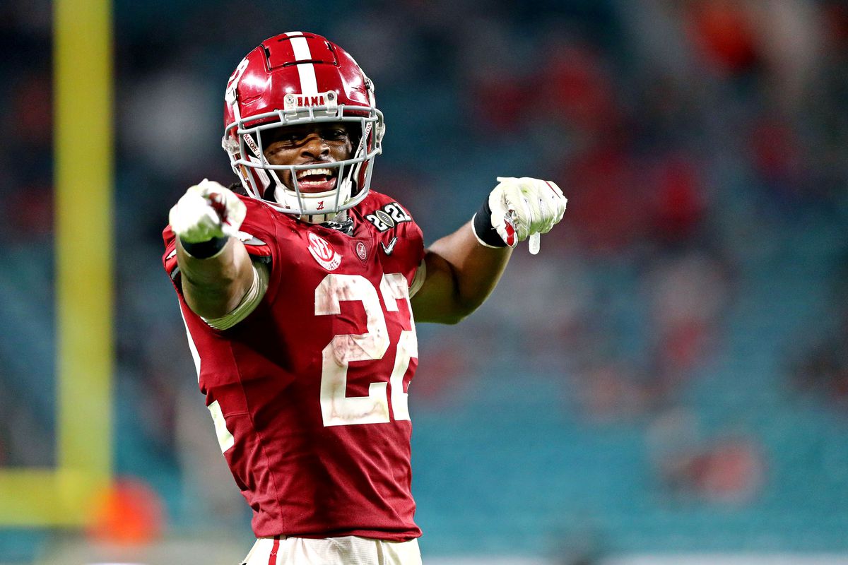 Alabama Crimson Tide running back Najee Harris celebrates during the third quarter against the Ohio State Buckeyes in the 2021 College Football Playoff National Championship Game.&nbsp;