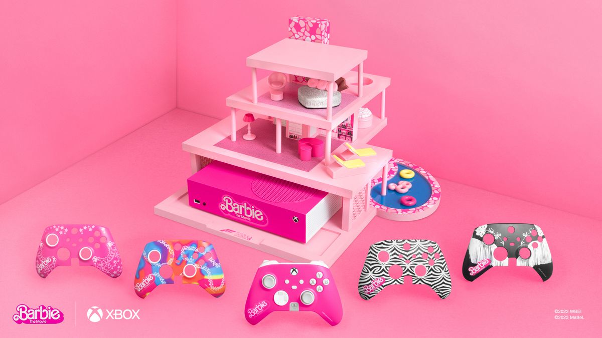 Promotional image of a Barbie DreamHouse themed Xbox Series X, with five different faceplates for the console’s controller