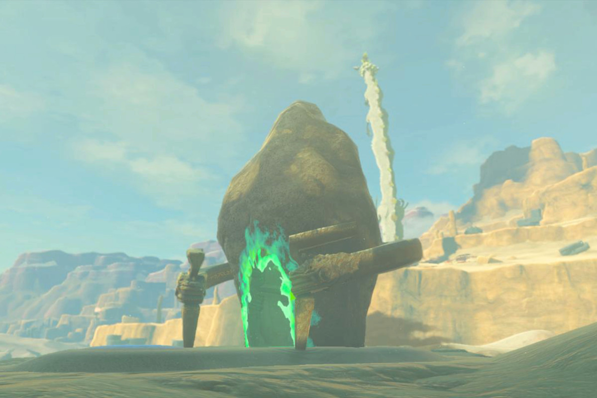 Siwakama Shrine in Zelda: Tears of the Kingdom. The shrine looks like a giant rock that has a portal that leads to another room on it.