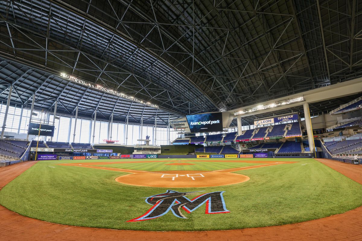 A general view of the loanDepot logo on the scoreboards during a press conference to the media to announce loanDepot as the exclusive naming rights partner for loanDepot park, formerly known as Marlins Park on March 31, 2021 in Miami, Florida.