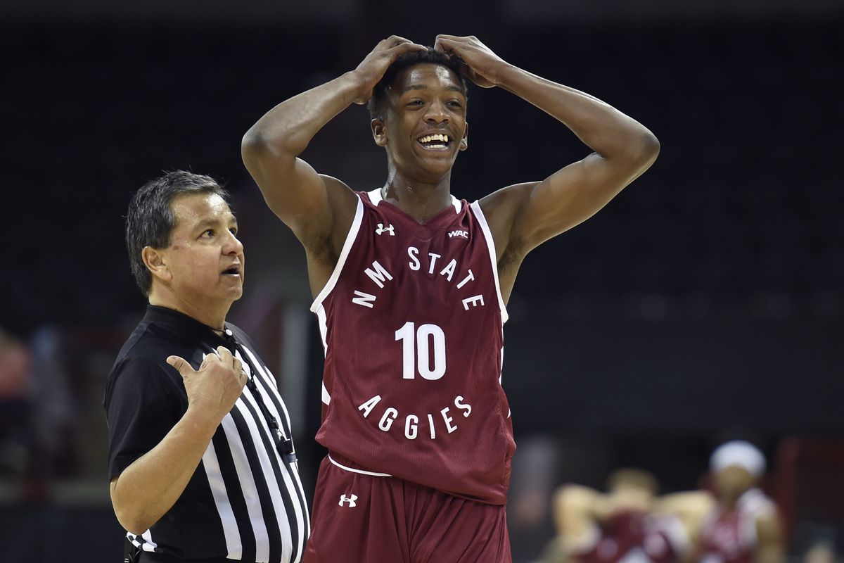 New Mexico State Aggies guard Shunn Buchanan reacts after a foul call against the Aggies during a basketball game against the Washington State Cougars in the second half at McCarthey Athletic Center.&nbsp;