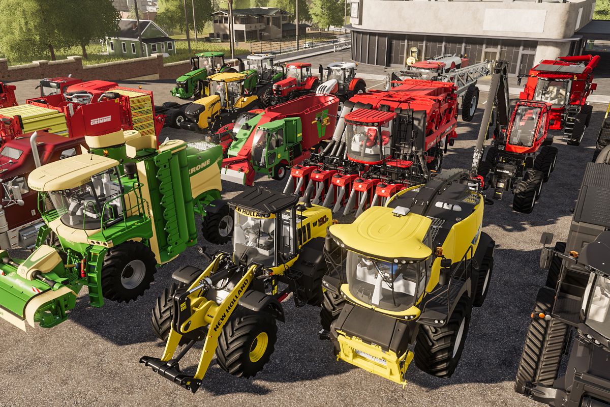 a bunch of tractors in a parking lot in farming simulator 19