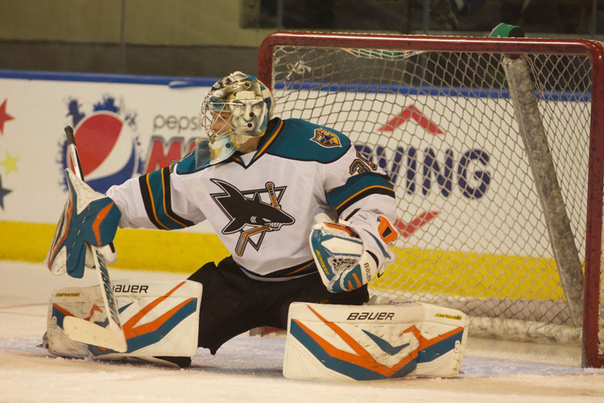 Worcester Sharks goaltender Harri Sateri, seen here in the Sharks' home opener on October 20, made 51 saves and was a perfect 5-for-5 in the shootout in the Sharks' win over the Bruins Sunday afternoon.