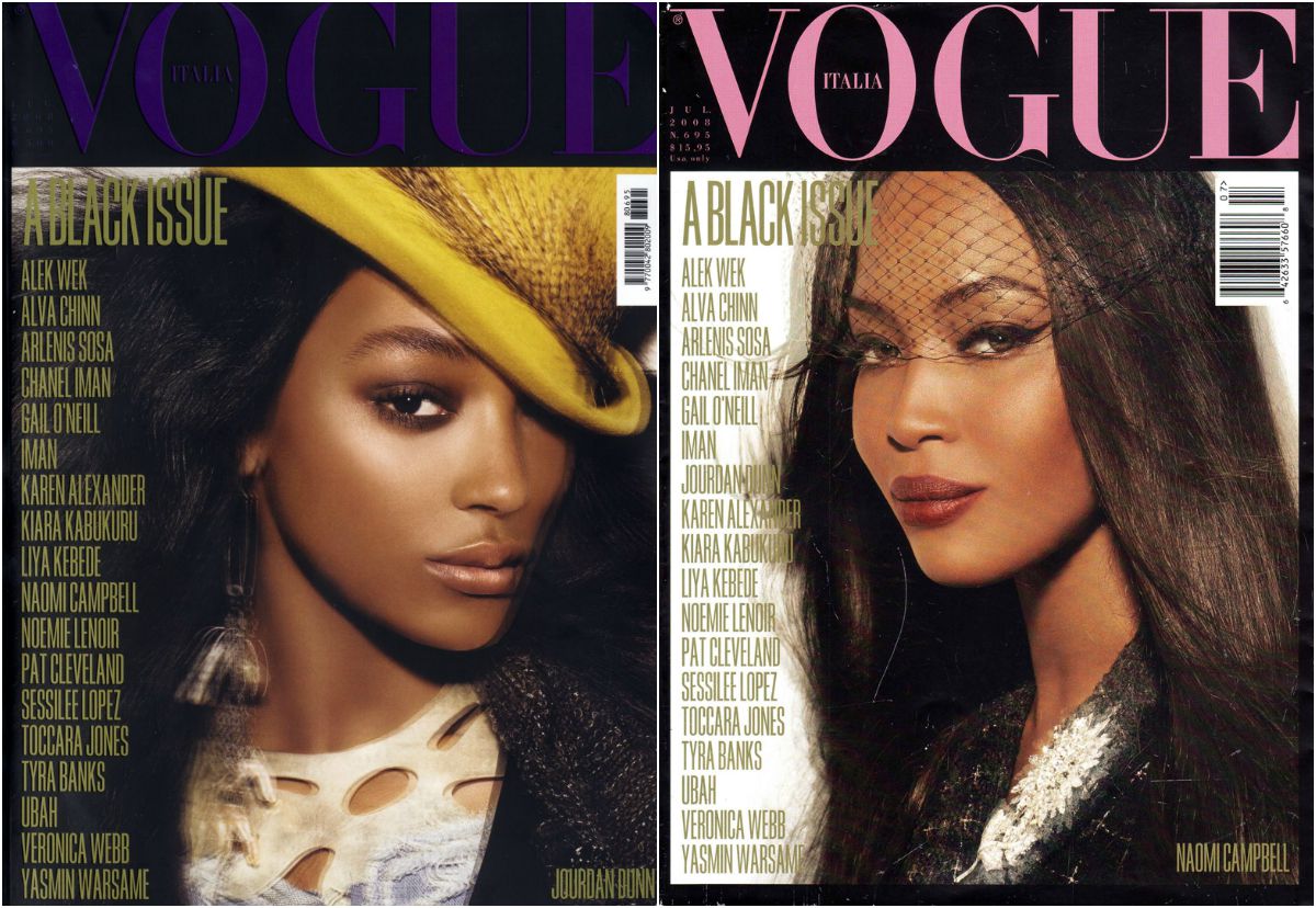 Side by side of two covers from the “all black” issue of Vogue Italia