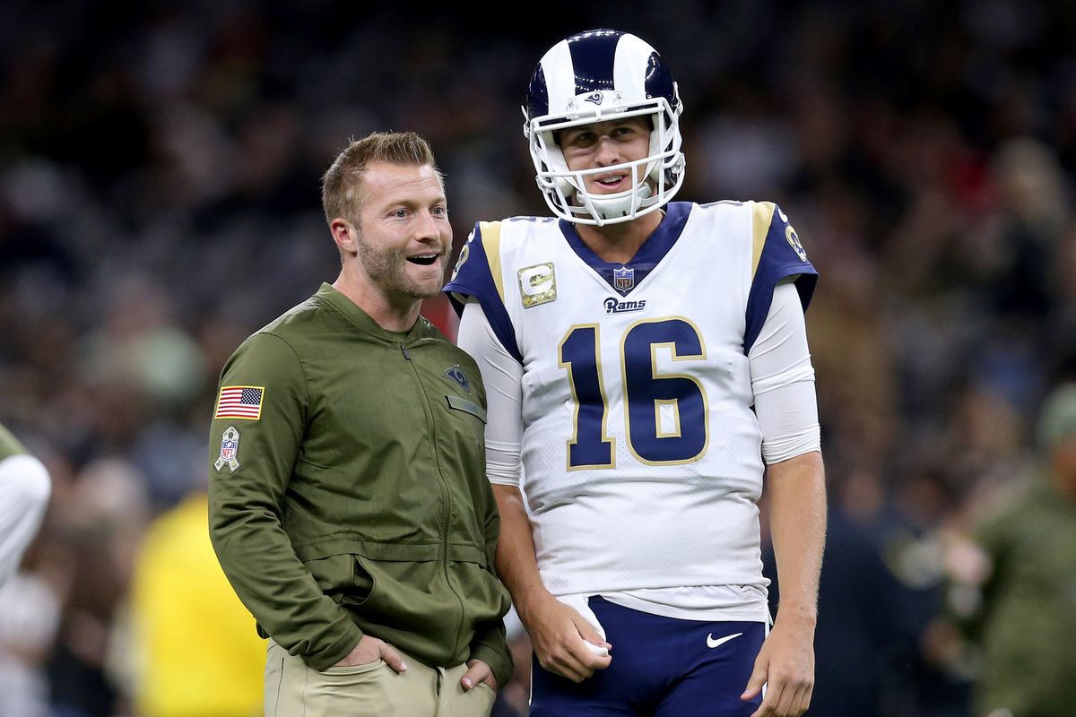 Los Angeles Rams HC Sean McVay talks with QB Jared Goff before a game against the New Orleans Saints in Week 9, Nov. 4, 2018.