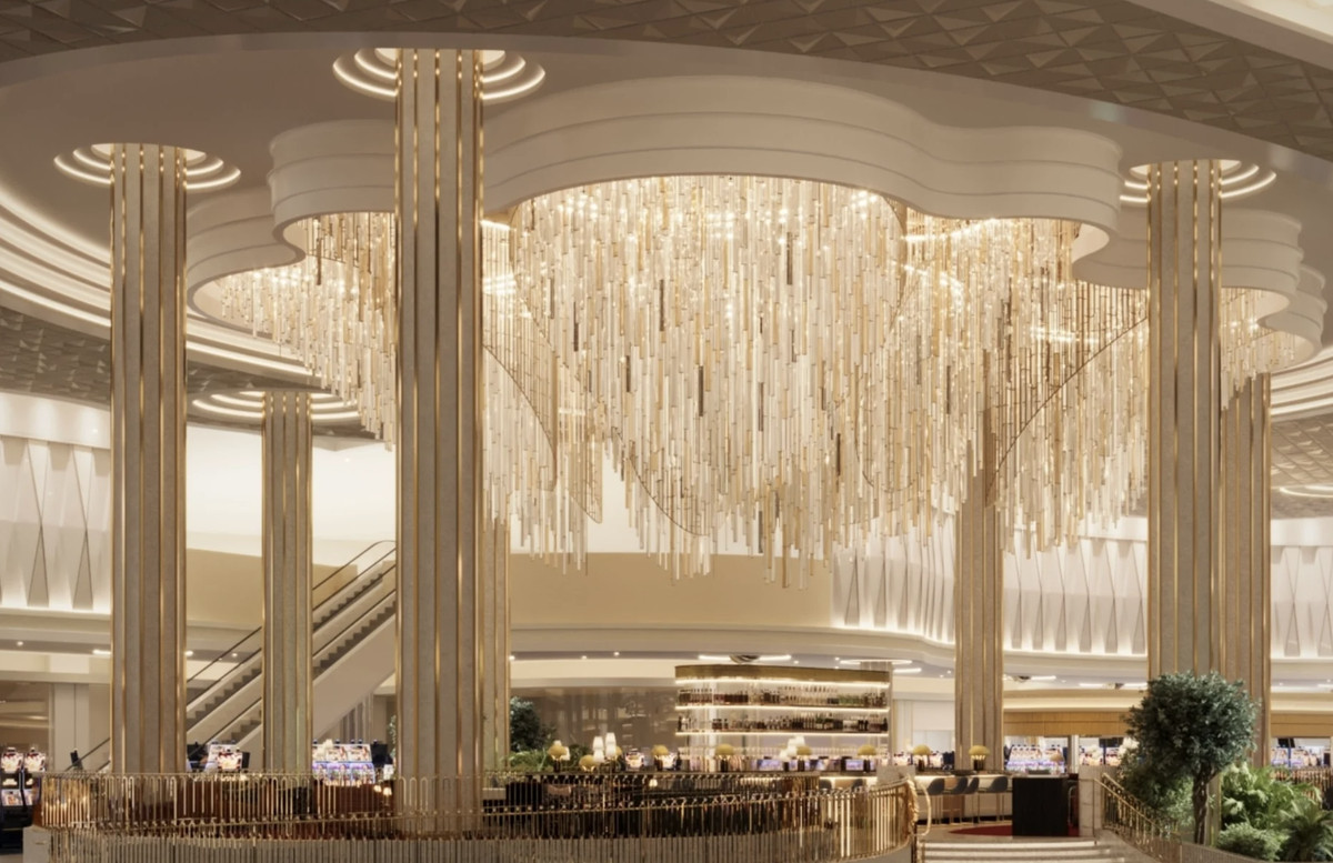 A rendering of Bleau Bar with a huge crystal chandelier.