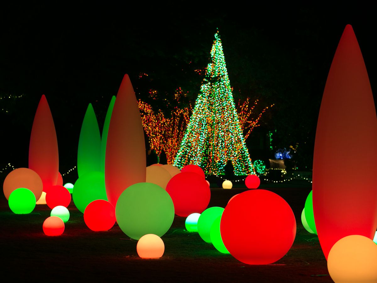 Red and green lighted balls and tree shapes. 