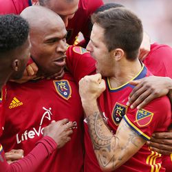 Real Salt Lake defender Jamison Olave (4) celebrates scoring the winning goal against the Seattle Sounders in Sandy on Saturday, March 12, 2016. Real won 2-1. 