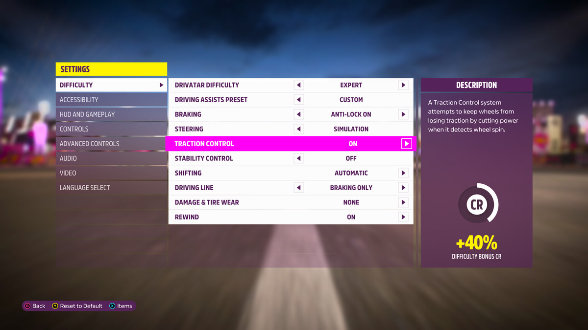 The difficulty options menu in Forza Horizon 5. 