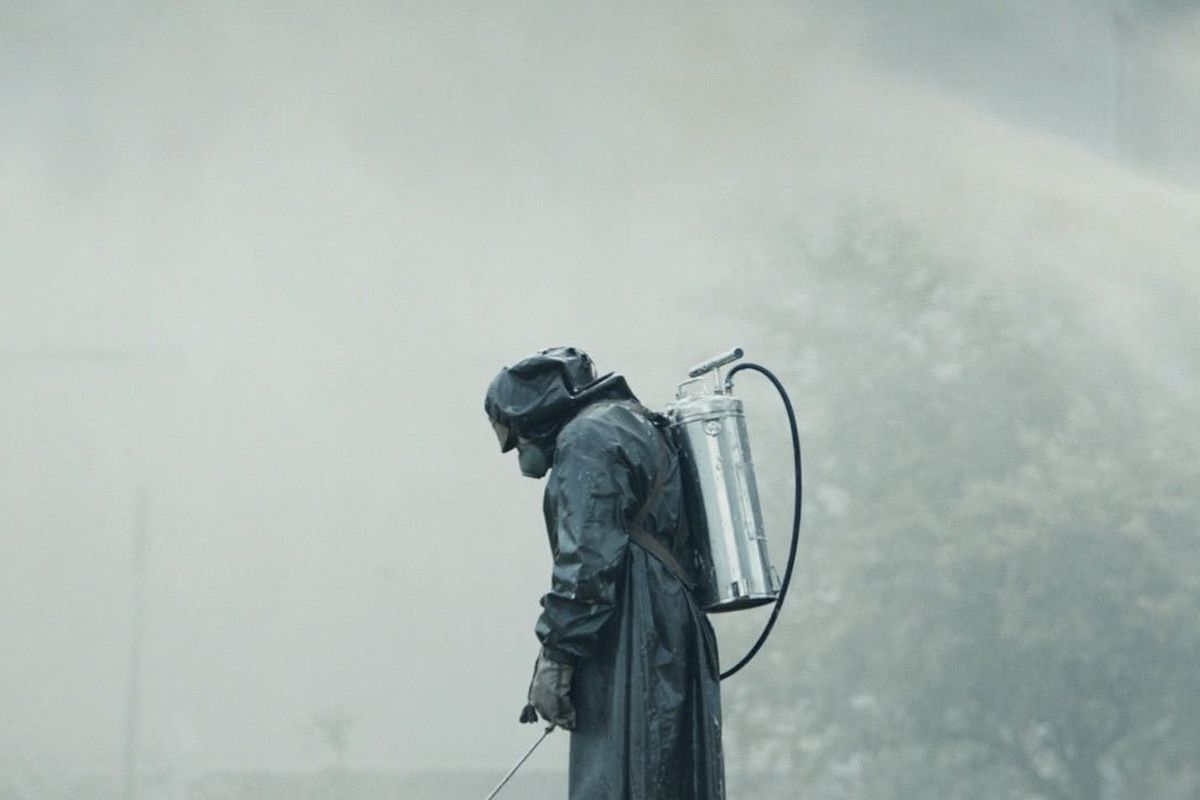 a man in a hazmat suit cleans up chernobyl in HBO’s Chernobyl
