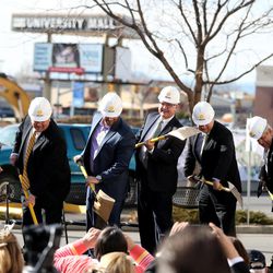 Dirt is shoveled at the groundbreaking ceremony for University Place in Orem on Thursday, Feb. 5, 2015. With Woodbury Corporation set to invest $500 million for a University Mall facelift, the newly conceptualized University Place will boast high-rise office buildings, a multifamily development, hotel, community park and renovation plan for the existing facility itself.
