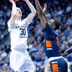 Brigham Young Cougars guard TJ Haws (30) attempts to score against the Pepperdine Waves in Provo on Thursday, Jan. 30, 2020.