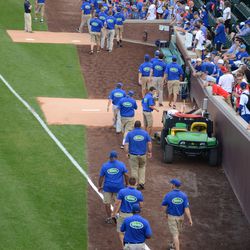 Mon 6:13 p.m. Grounds crew heading to the field after batting practice - 