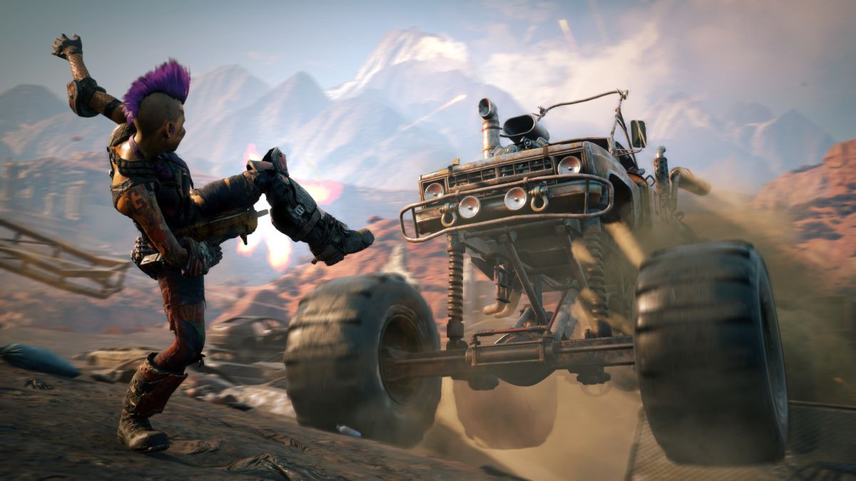 A purple mohawked character faces a monster truck in the wasteland of Rage 2.