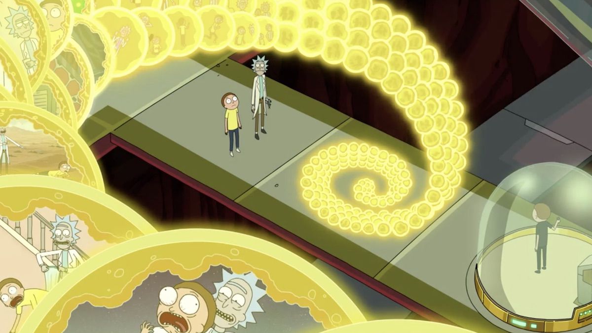 Rick and Morty staring upward at the thousands of universes that exist within the Central Finite Curve.