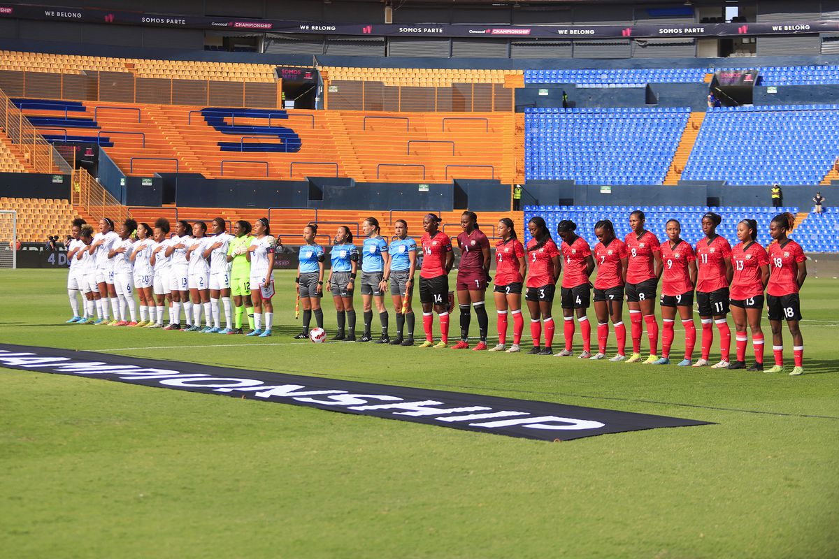 Players of Trinidad &amp; Tobago and Panama line up prior to the match between Panama and Trinidad &amp; Tobago as part of the 2022 Concacaf W Championship at Universitario Stadium on July 11, 2022 in Monterrey, Mexico.
