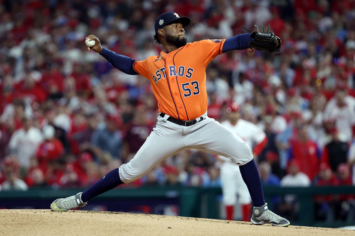 Cristian Javier #53 of the Houston Astros delivers a pitch against the Philadelphia Phillies during the first inning in Game Four of the 2022 World Series at Citizens Bank Park on November 02, 2022 in Philadelphia, Pennsylvania.
