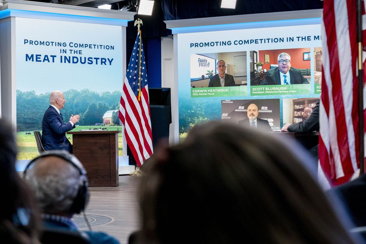 President Joe Biden speaks during a Jan. 3 virtual meeting with farmers and ranchers to discuss assistance for the meat-processing industry.