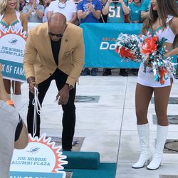 Jason Taylor unveils his place in the Miami Dolphins Walk of Fame on December 2, 2018 in a ceremony in the Joe Robbie Alumni Plaza at Hard Rock Stadium, Miami Gardens, Florida.