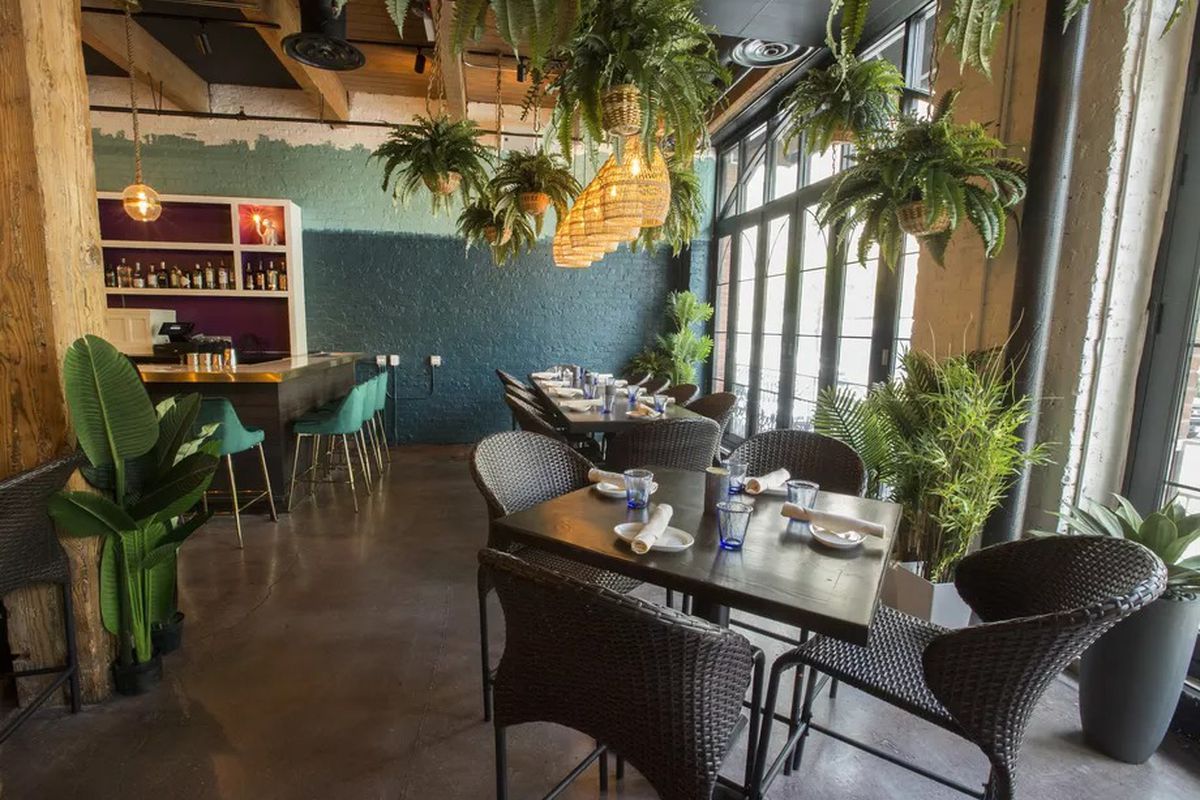 Flora Fauna’s dining room is lit by natural lighting. The tropical-themed space is heavy on green and blue tones and is decorated with hanging lights, plants, and wicker chairs.