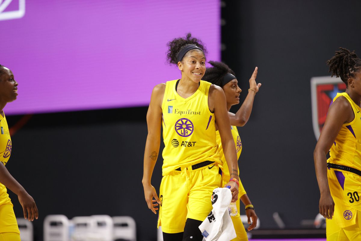 Candace Parker of Los Angeles Sparks smiles during the game against the Phoenix Mercury on July 25, 2020 at Feld Entertainment Center in Palmetto, Florida.