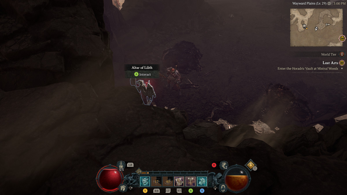 A Barbarian approaches the 3rd Altar of Lilith in the Dry Steppes in Diablo 4