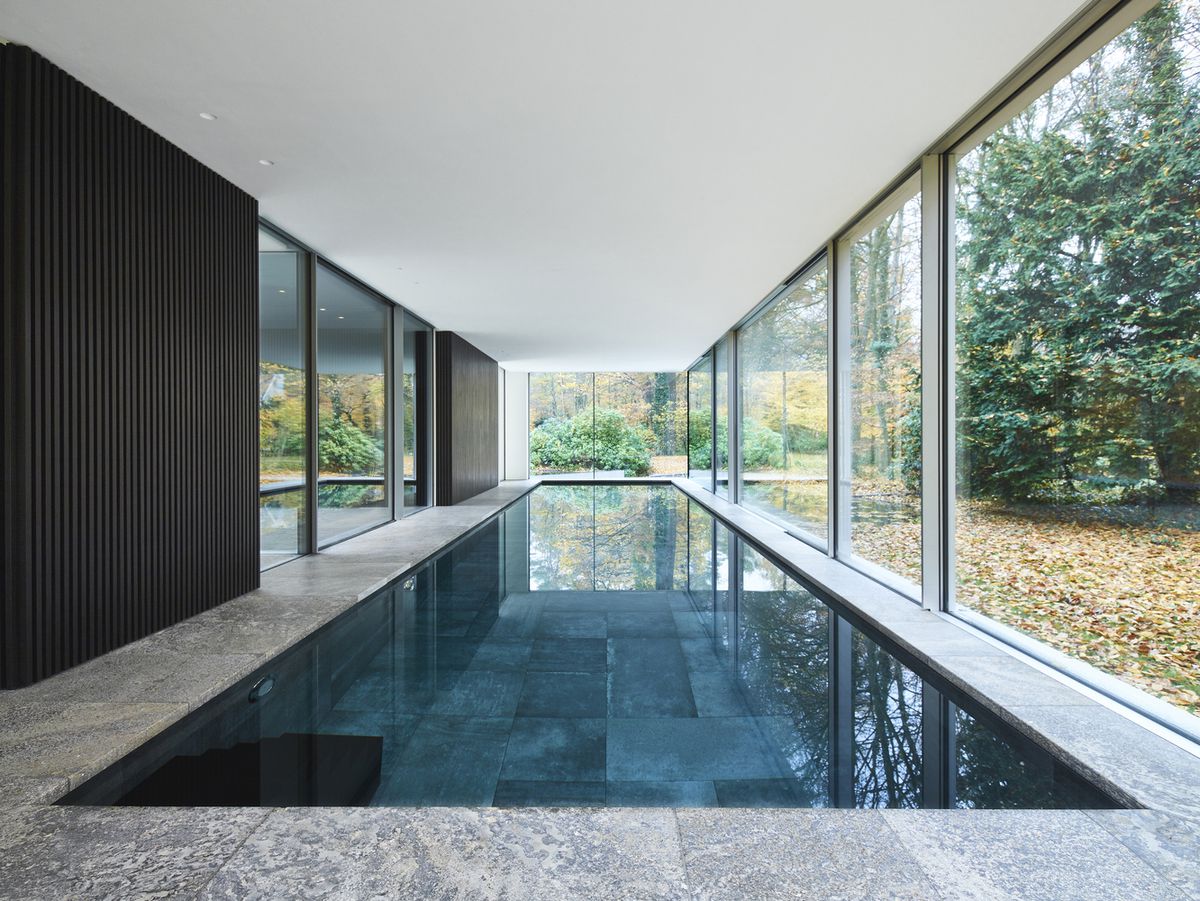 Pool surrounded by floor-to-ceiling windows.