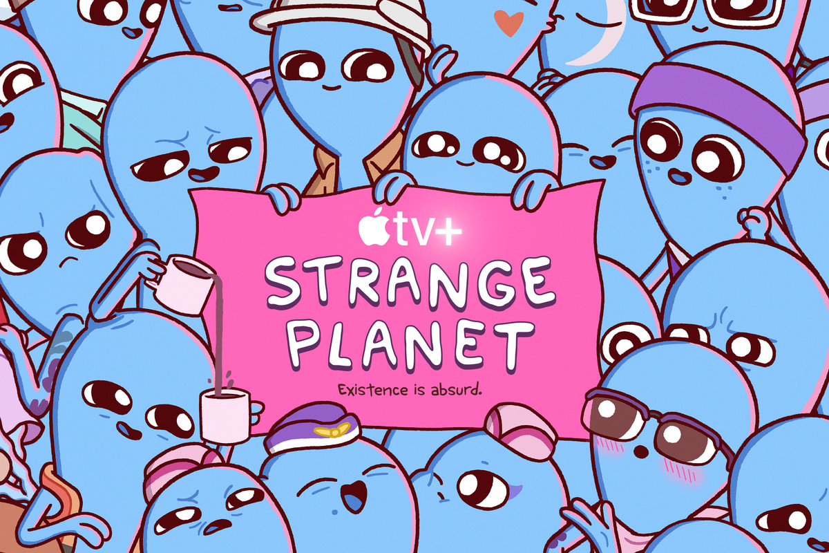 A banner that says “Apple TV Plus Strange Planet, Everything is absurd” surrounded by a bunch of little blue aliens